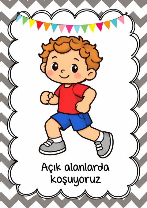 Açık Alanlarda Koşma Eğitimi - Karikatür Çocuk Figürü, Fiziksel Aktivite ve Hareket Öğrenimi