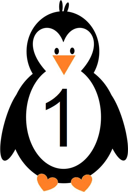 Penguin with Number One - 1 (One) - Educational Illustration