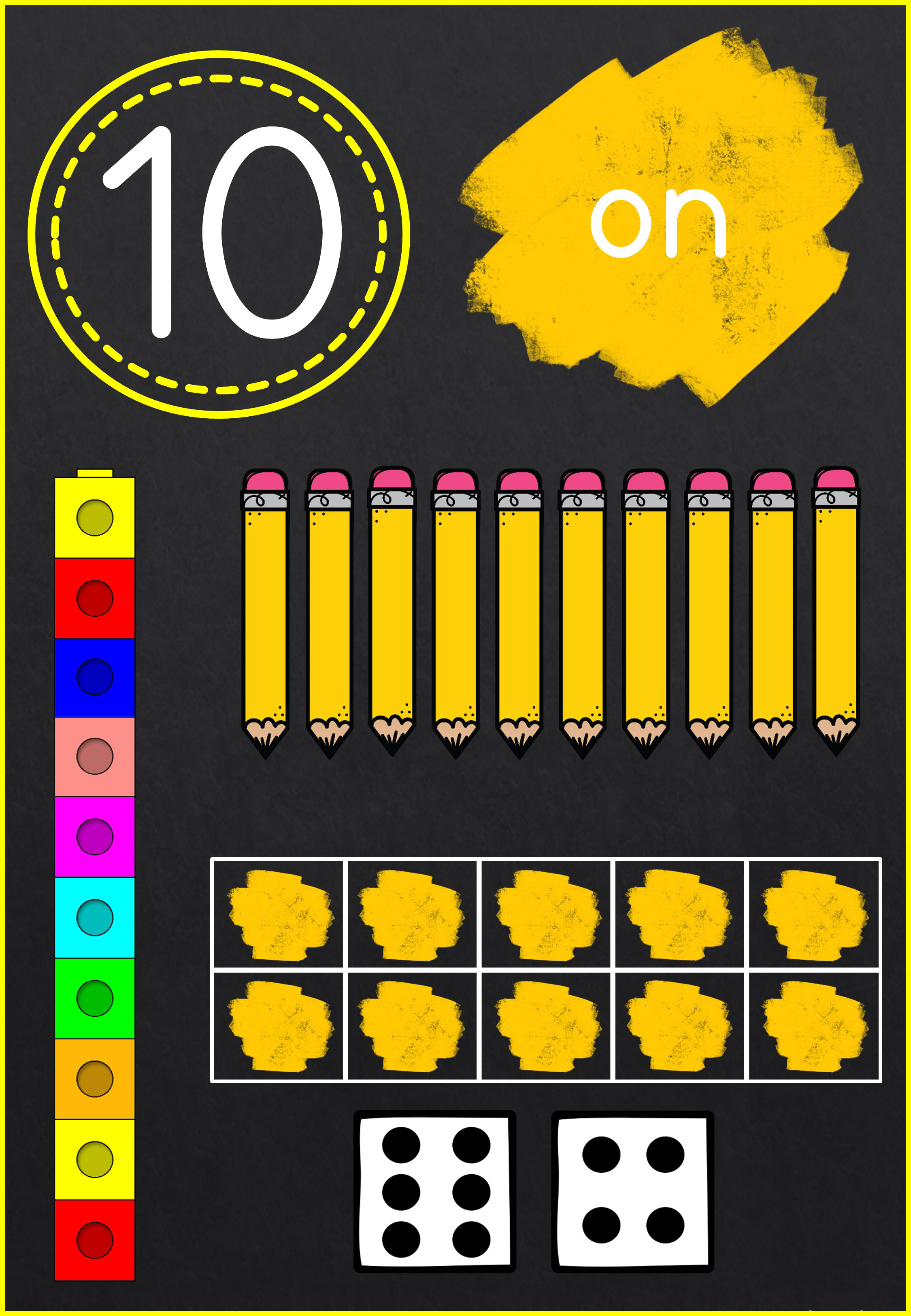 Educational Visual on Number Concepts Featuring 10 (Ten), Pencils, Color Blocks, and Dice