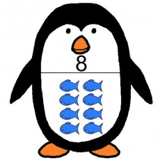 Penguin with 8 Blue Fish - Educational Math Concept