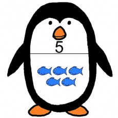 Penguin with Five Blue Fish: Educational Math Concept