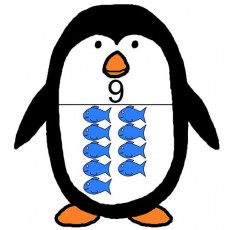 Penguin with 9 Blue Fish - Educational Math Concept