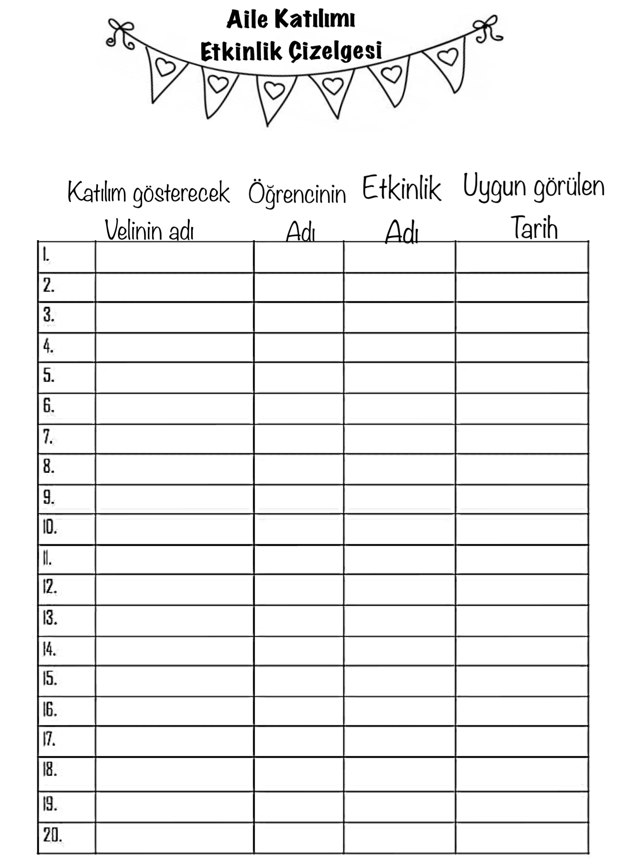 Aile Katılımı Etkinlik Çizelgesi: 20 Katılımcı İçin Planlama Tablosu