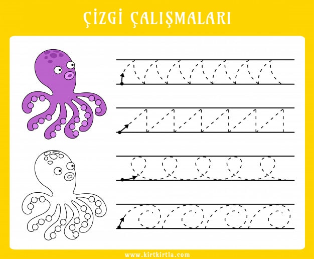 Eğitici Çizgi Çalışmaları: Ahtapot Temalı Çizgisel Alıştırmalar 1-7