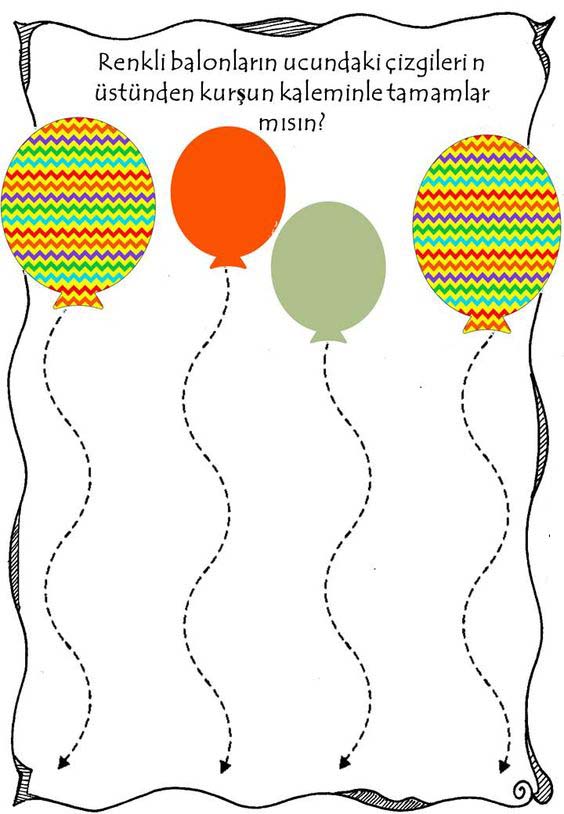 Renkli Balon Çizim Etkinliği - Kalemle Tamamlama