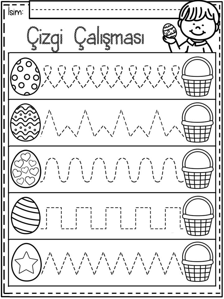 Çizgi Çalışması: Yumurtalar ve Sepetler ile Eğitici Çizgi Çalışmaları (4 adet yumurta teması, 4 adet sepet)