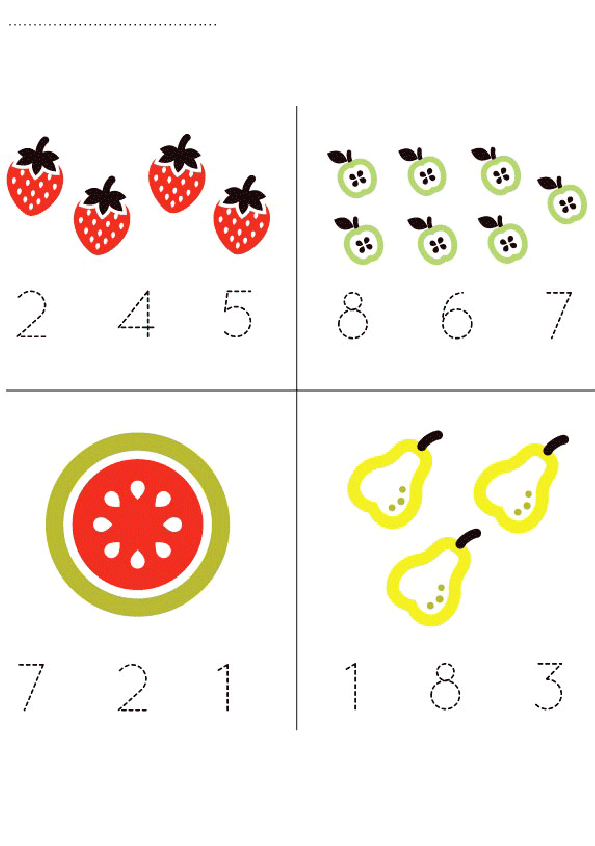 Fruits Counting Educational Material: Strawberries (2, 4, 5), Green Apples (8, 6, 7), Watermelon (7, 2, 1), Pears (1, 8, 3)