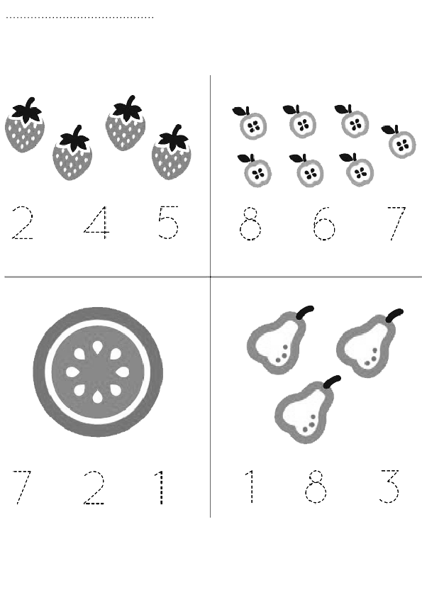 Fruits and Numbers Activity Worksheet: Strawberries, Apples, Cucumbers, and Pears - Learning 2, 4, 5, 8, 6, 7, 7, 2, 1, 1, 8, 3