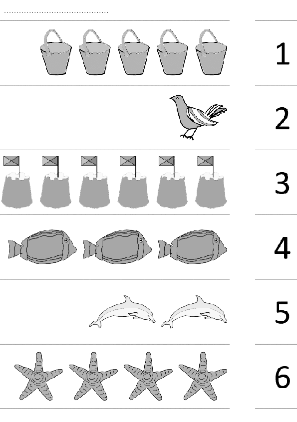 Eğitici Materyal: Sayılar ve Hayvanlar - 1 (5 Kova), 2 (1 Kuş), 3 (4 Bayraklı Kova), 4 (3 Balık), 5 (2 Delfin), 6 (5 Deniz Yıldızı)