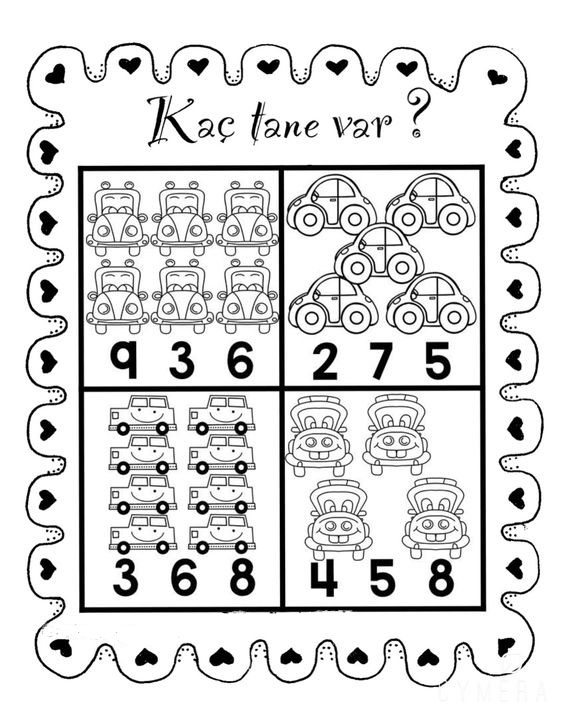 Araç Sayma Etkinliği - Eğitsel Materyal: 9, 6, 3, 6 (Kırmızı Arabalar), 2, 7, 5 (Mavi Arabalar), 3, 6, 8 (Kamyonlar), 4, 5, 8 (Sarı Arabalar)