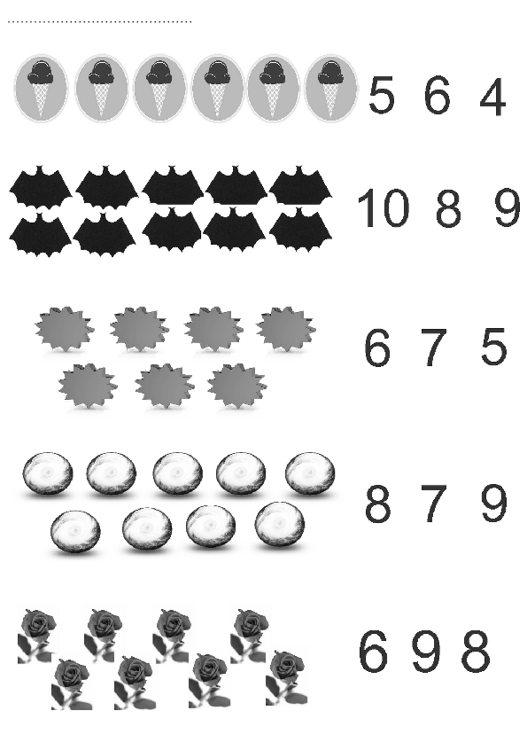 Çocuklar İçin Sayı ve Nesne Tanıma Eğitimi: Dondurma 5, 6, 4; Yarasa 10, 8, 9; Patlayan Yıldız 6, 7, 5; Gümüş Tabak 8, 7, 9; Kırmızı Gül 6, 9, 8