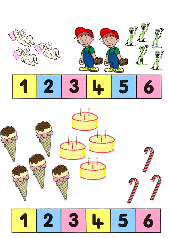 Eğlenceli Sayılar ve Şekiller: 1  (Bir) Bebek, 2  (İki) Çocuk, 3  (Üç) Dışkılı Alien, 4  (Dört) Dondurma, 5  (Beş) Pasta, 6  (Altı) Şeker Kamışı
