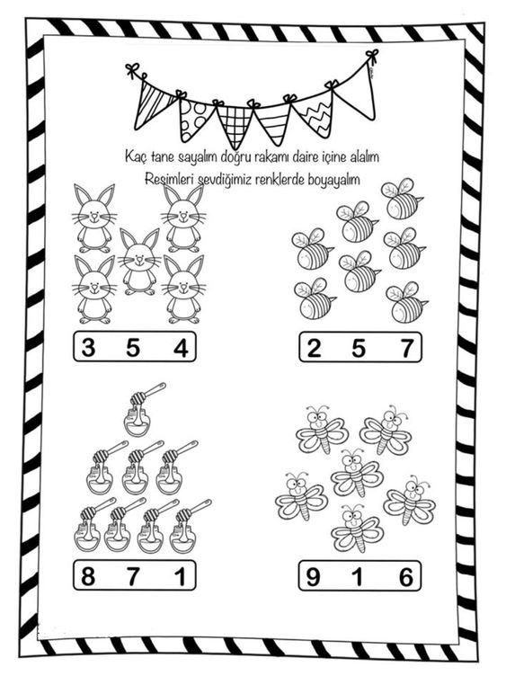 Hayvanlar ve Rakamlar: Sayma ve Boyama Etkinliği - 3, 4, 5, 2, 5, 7, 8, 7, 1, 9, 1, 6