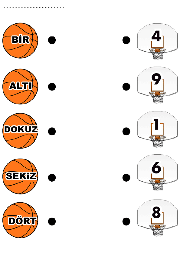 Basketbol Temalı Sayılar ve Kelimeler: 1-BİR, 4; 6-ALTı, 8; 9-DOKUZ, 1; 8-SEKİZ, 6; 4-DÖRT, 9