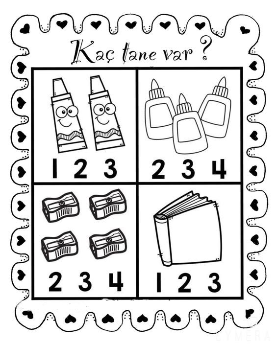 Sayıları ve Öğeleri Tanıma: 2 Kalem, 3 Yapıştırıcı, 4 Kalemtraş, 1 Defter