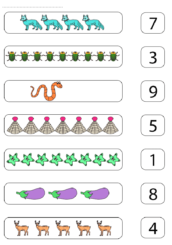 Hayvanlar ve Nesnelerle Sayma Etkinliği: 7 Kedi, 3 Sakarca, 9 Yılan, 5 İstiridye, 1 Yıldız, 8 Patlıcan, 4 Geyik