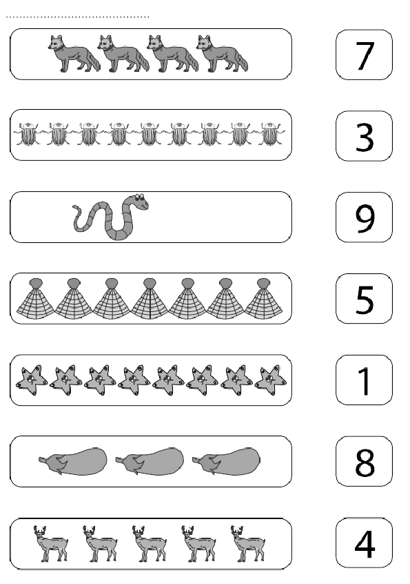 Hayvanlar ve Nesnelerle Sayma: 7 Kurt, 3 Ahtapot, 9 Yılan, 5 Şapka, 1 Yıldız, 8 Patlıcan, 4 Koyun