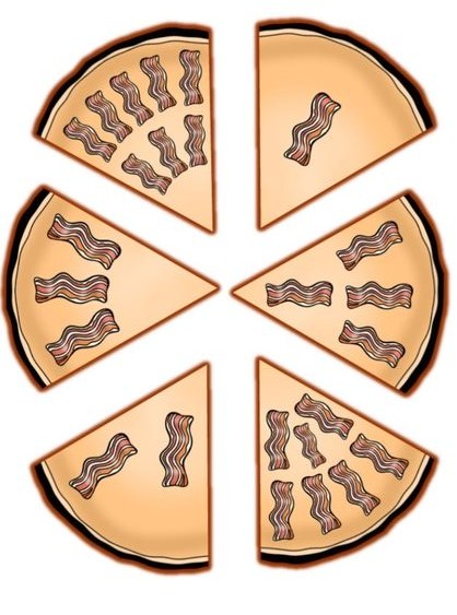Bacon Topped Pizza Slices Illustration: 6 Slices of Pizza with Bacon