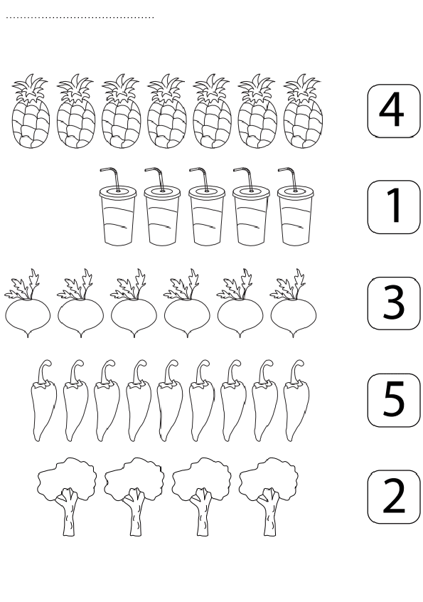 Rakamlar ve Meyve-Sebzelerin Tanıtımı: 4 Ananas, 1 İçecek, 3 Turp, 5 Biber, 2 Ağaç