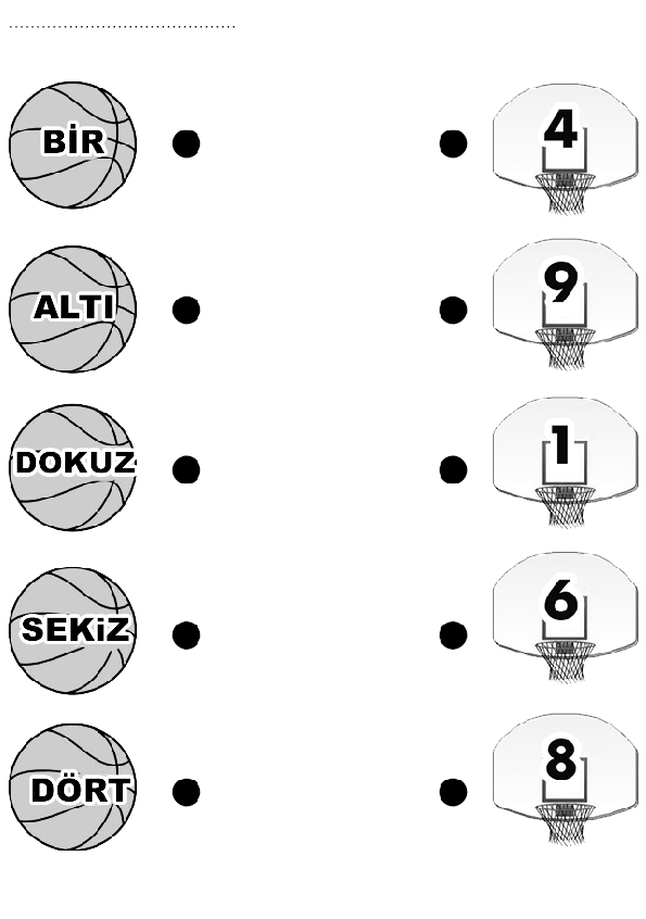 Basketbol Topları ile Sayılar ve Sayı İfade Etme: 1 (BİR), 4; 2 (ALTI), 9; 3 (DOKUZ), 1; 4 (SEKIZ), 6; 5 (DÖRT), 8