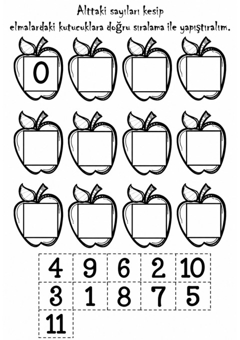 Rakamları Sıralama Etkinliği: Elmalar ve Rakamlar (0, 4, 9, 6, 2, 10, 3, 1, 8, 7, 5)