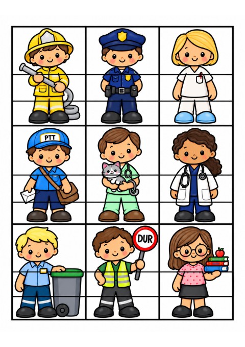 Meslekler ve Görevler: 9 Farklı Meslek Temsili (İtfaiyeci, Polis, Hemşire, Postacı, Veteriner, Doktor, Temizlikçi, Trafik Görevlisi, Öğretmen)