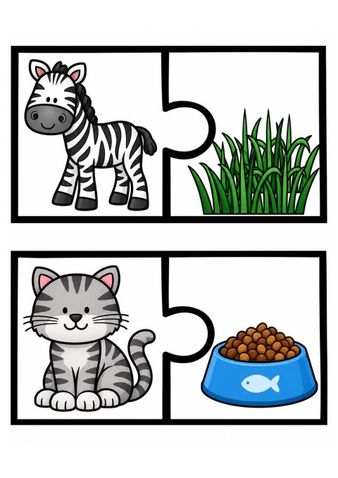 Eğlenceli Hayvanlar ve Süt Temalı Eğitim Materyali - Zebra, Kedi, Ot ve Süt Kartonu