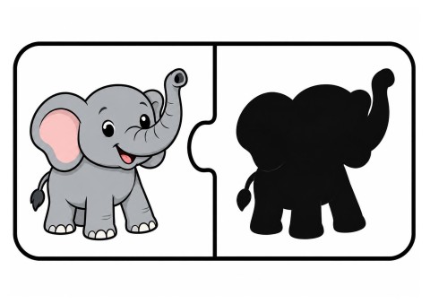 Puzzle with Elephant Image and Silhouette - Educational Visuals
