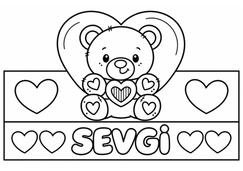 Sevimli Ayı ve Aşk Sembolleri Temalı Boyama Sayfası