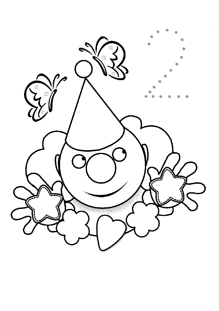 Clown Coloring Page with Butterflies and Number 2