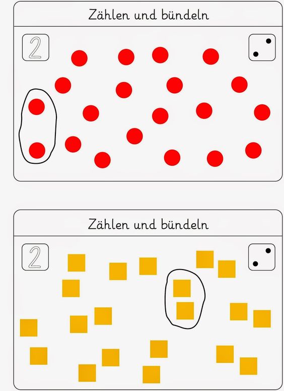 Zahlen und Bündeln: 2 Rote Dots und 2 Gelbe Quadrate, Zählen und Gruppieren Unterrichtsmaterial