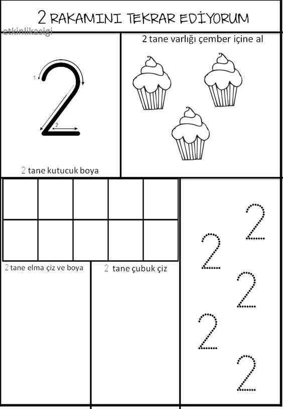 2 Rakamı ile Sayma ve Çizim Etkinliği: 2 Kutucuk Boyama, 2 Cupcake Resmi, 2 Elma Çizip Boyama, 2 Çubuk Çizim Alıştırması