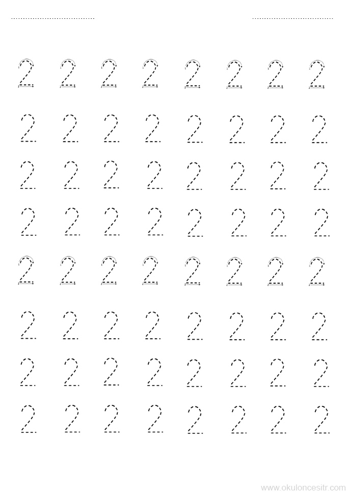 Dotted Number 2 Tracing Worksheet for Kids (2 - İki)