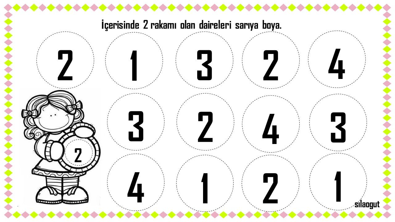 2 Rakamı Olan Daireleri Sarıya Boyama Etkinliği - Sayılar 1, 2, 3, 4