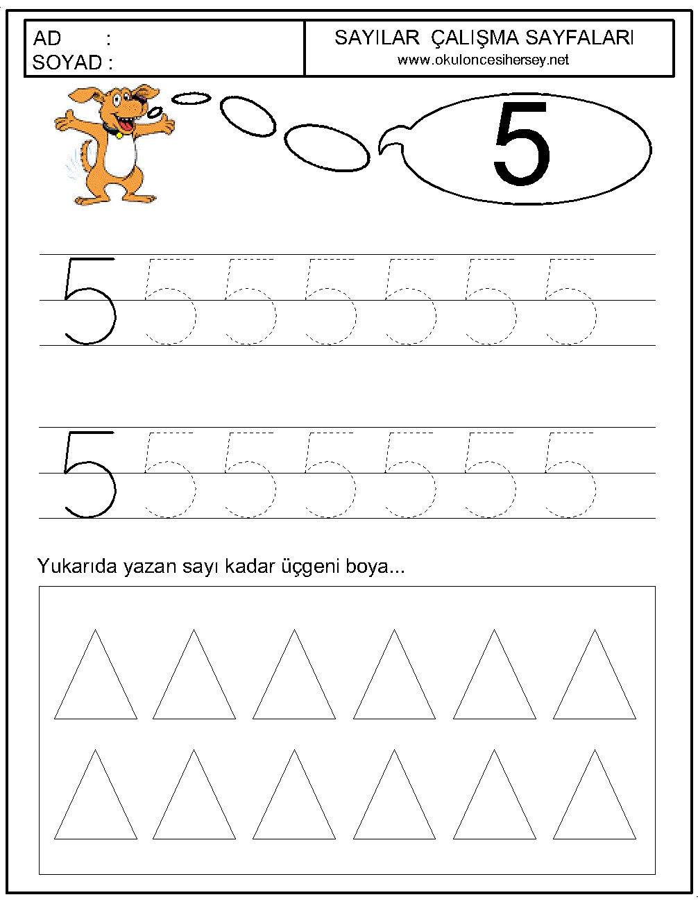 Sayılar Çalışma Sayfası: 5 sayısı ve Üçgenleri Boyama Aktivitesi