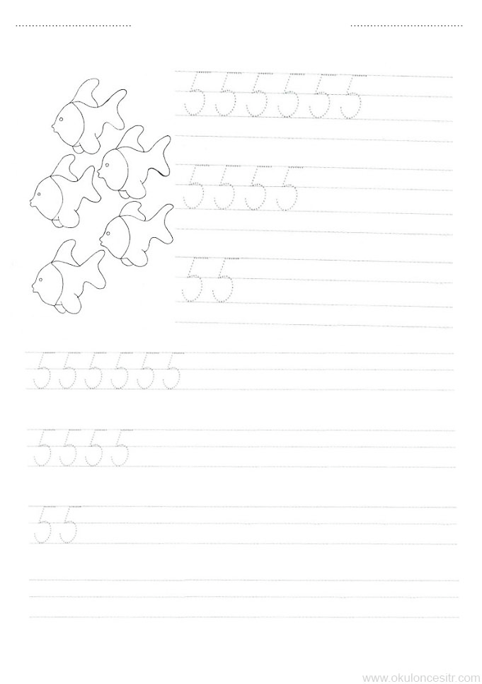 Balıklarla Sayı Yazma Alıştırması: 5 Sayısı (5 Fish Writing Practice: Number 5)