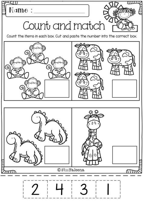 Count and Match Educational Activity: 2 Monkeys, 4 Cows, 3 Dinosaurs, 1 Giraffe