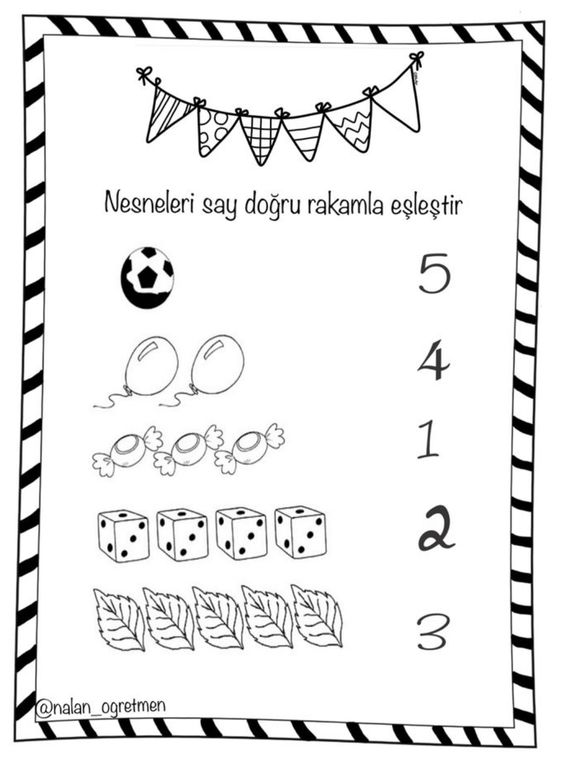 Nesne Sayma ve Eşleştirme Etkinliği: 5 Futbol Topu, 4 Balon, 1 Şeker, 2 Zar, 3 Yaprak