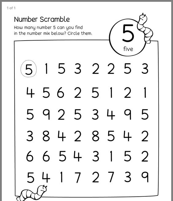 Number Scramble Worksheet - Identify Number 5 (5 - five)