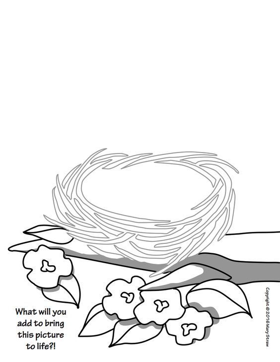 Coloring Page of Nest with Flowers - Educational Art Activity