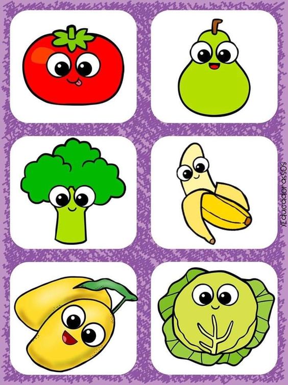 Colorful Cartoon Fruits and Vegetables with Faces: Tomato, Pear, Broccoli, Banana, Mango, Cabbage