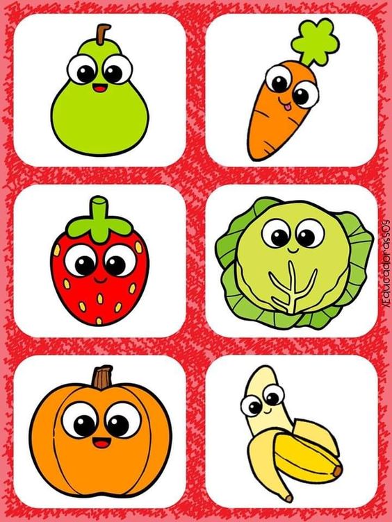 6 Animated Fruits and Vegetables: Pear, Carrot, Strawberry, Cabbage, Pumpkin, Banana - Educational Visual Content