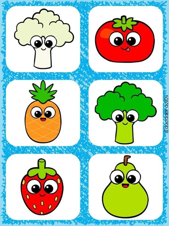 Renkli Sebze ve Meyve Karakterleri: 1 Brokoli, 1 Domates, 1 Ananas, 1 Brokoli, 1 Çilek, 1 Armut