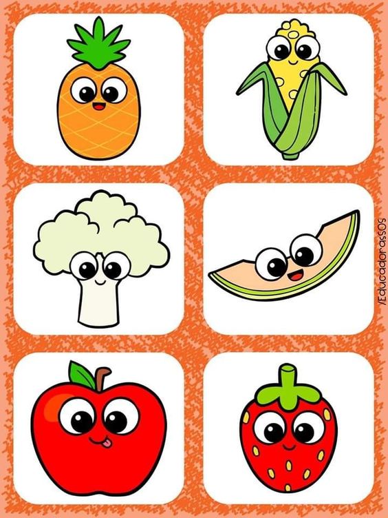 Eğlenceli Meyve ve Sebzeler: Ananas (1), Mısır (1), Brokoli (1), Kavun (1), Elma (1), Çilek (1)