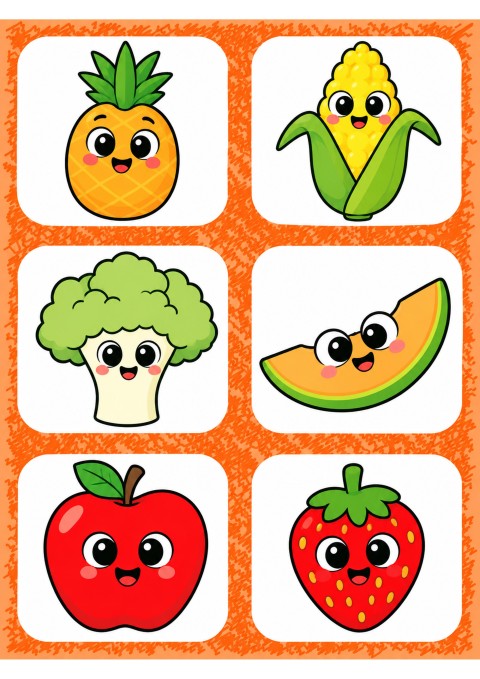 Eğlenceli Meyve ve Sebzeler: Ananas (1), Mısır (1), Brokoli (1), Kavun (1), Elma (1), Çilek