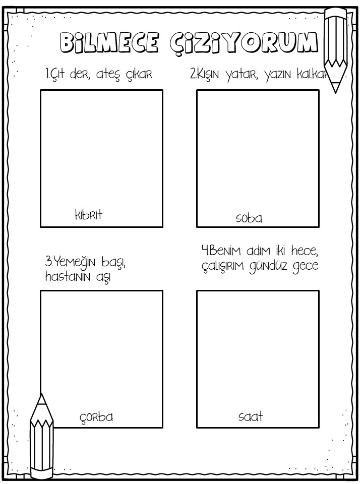 Eğlenceli Bilmece Çalışma Sayfası: Kibrit, Soba, Çorba, Saat