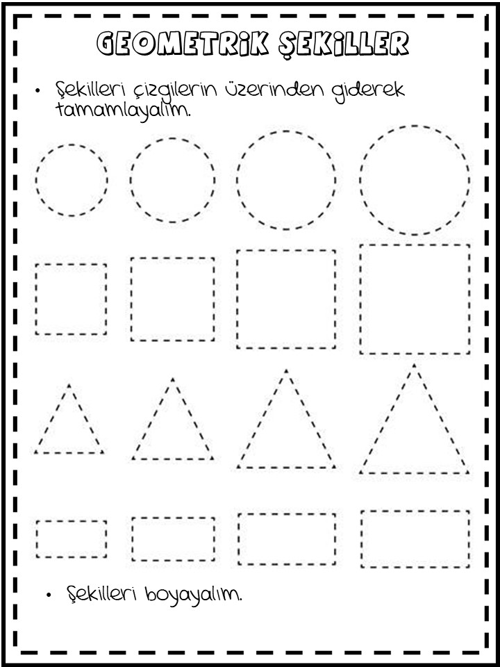 Geometrik Şekiller Eğitici Çalışma Sayfası: Daire, Üçgen, Kare, Dikdörtgen Tamamlama ve Boyama