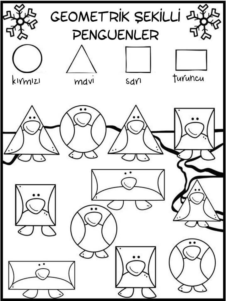 GEOMETRİK ŞEKİLLİ PENGUENLER: KIRMIZI, MAVİ, SARI, TURUNCU ŞEKİLLER