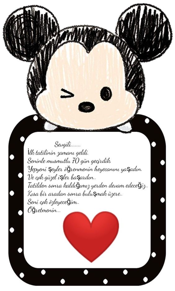 Mickey Mouse Temalı Öğretmen Mesajı ve Kalp İllüstrasyonu