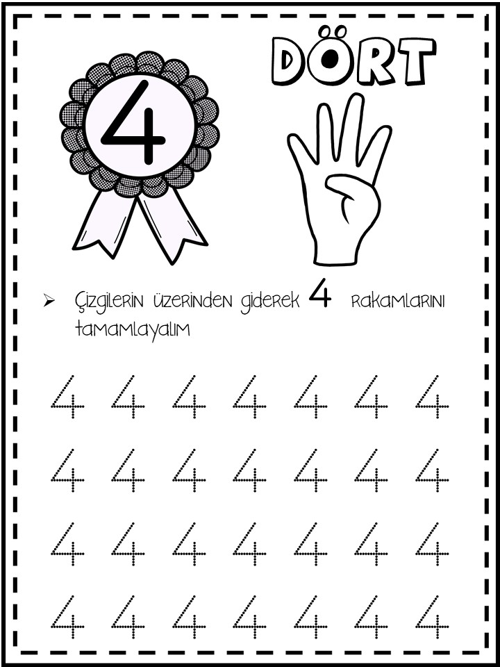 Dört Rakamını Öğrenme Kartı - 4 Sayısı ve El İfadesi